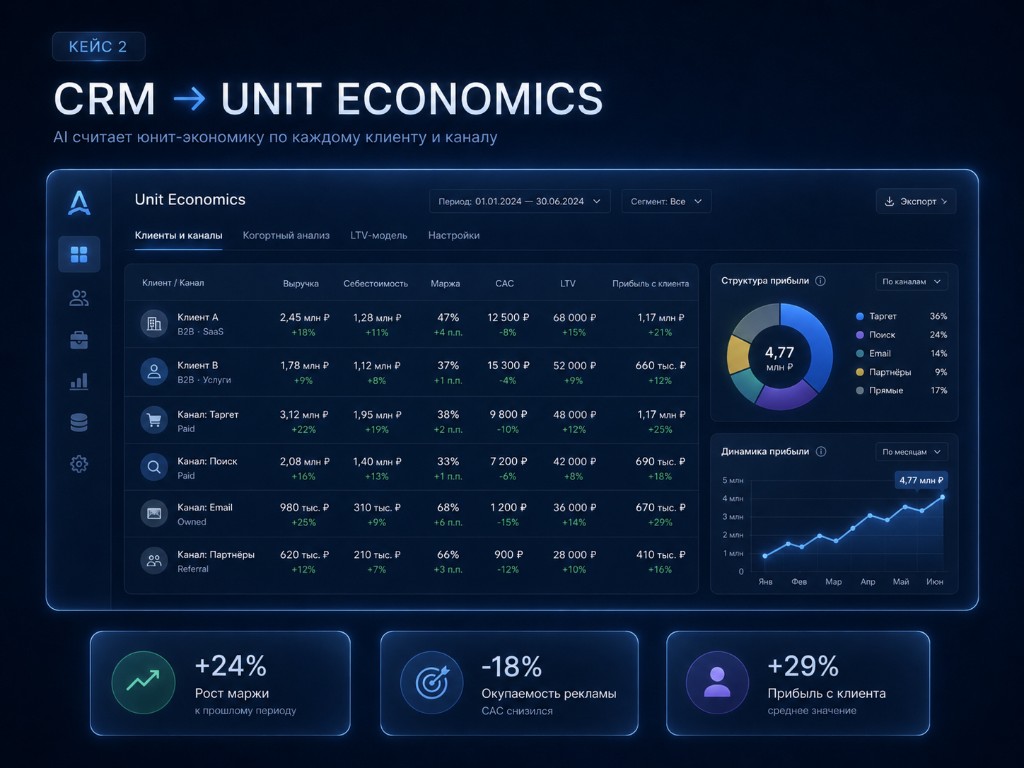 Визуализация интерфейса CRM и unit-экономики (демо-макет)