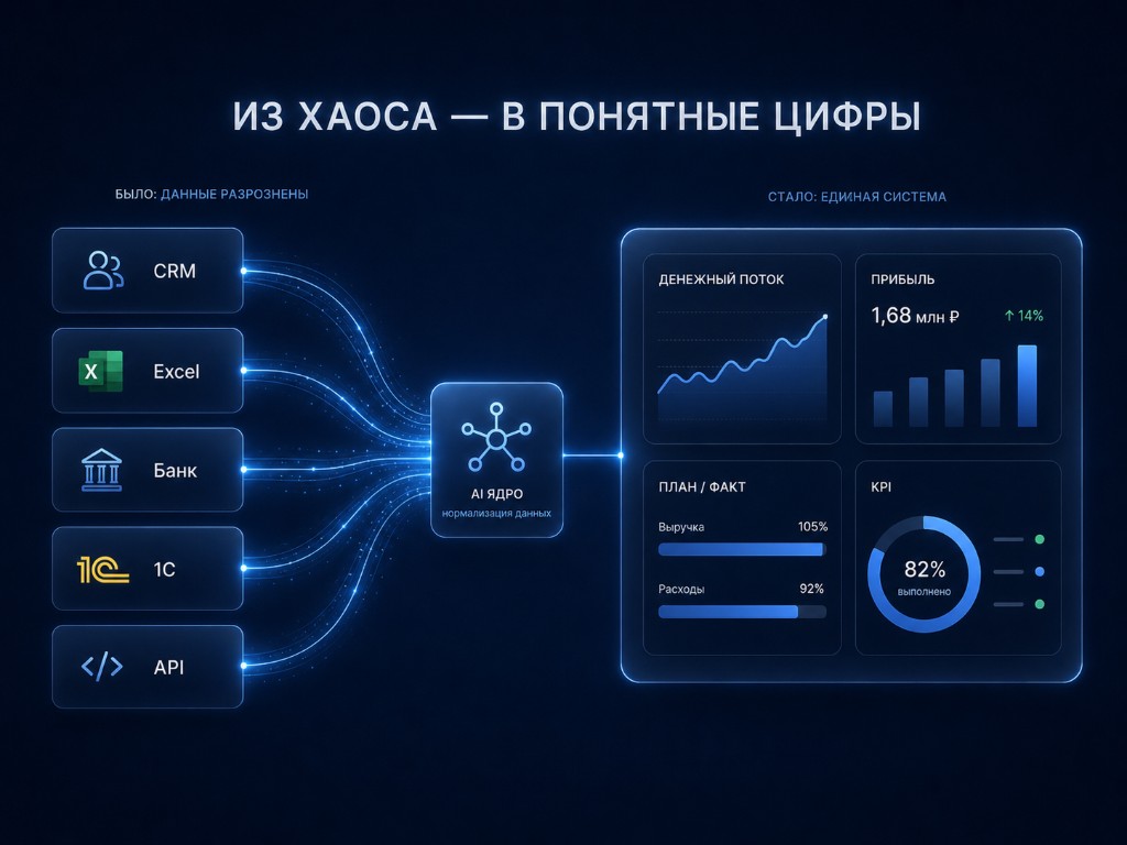Схема перехода от разрозненных источников CRM, Excel, банк, 1С и API через AI-ядро к единому dashboard