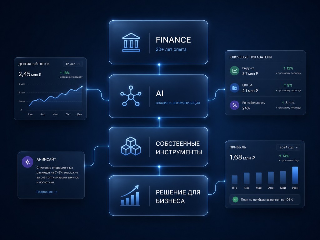 Схема: финансы, AI, собственные инструменты и решение для бизнеса — визуализация интерфейса